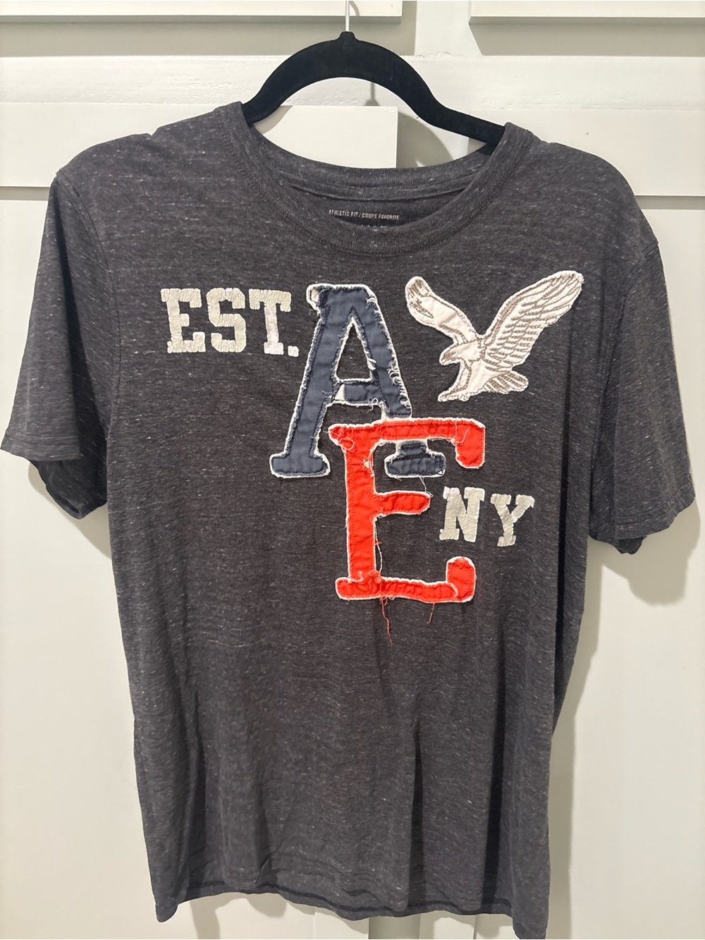 American Eagle Outfitters Charcoal Graphic Tee with Blue & Red Appliqués